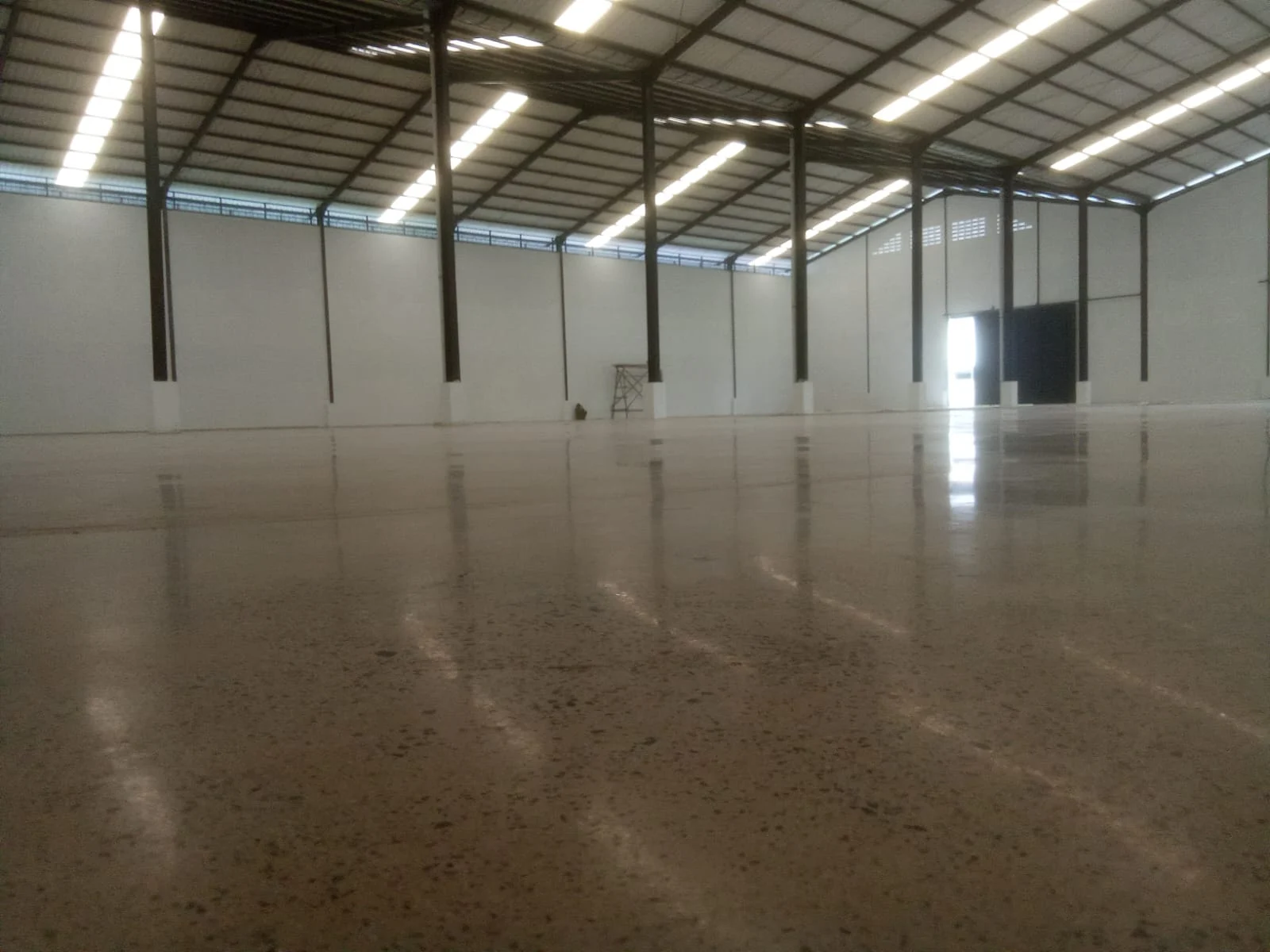 Lantai epoxy hijau mengkilap di fasilitas produksi dengan garis biru penanda zona dan peralatan industri.