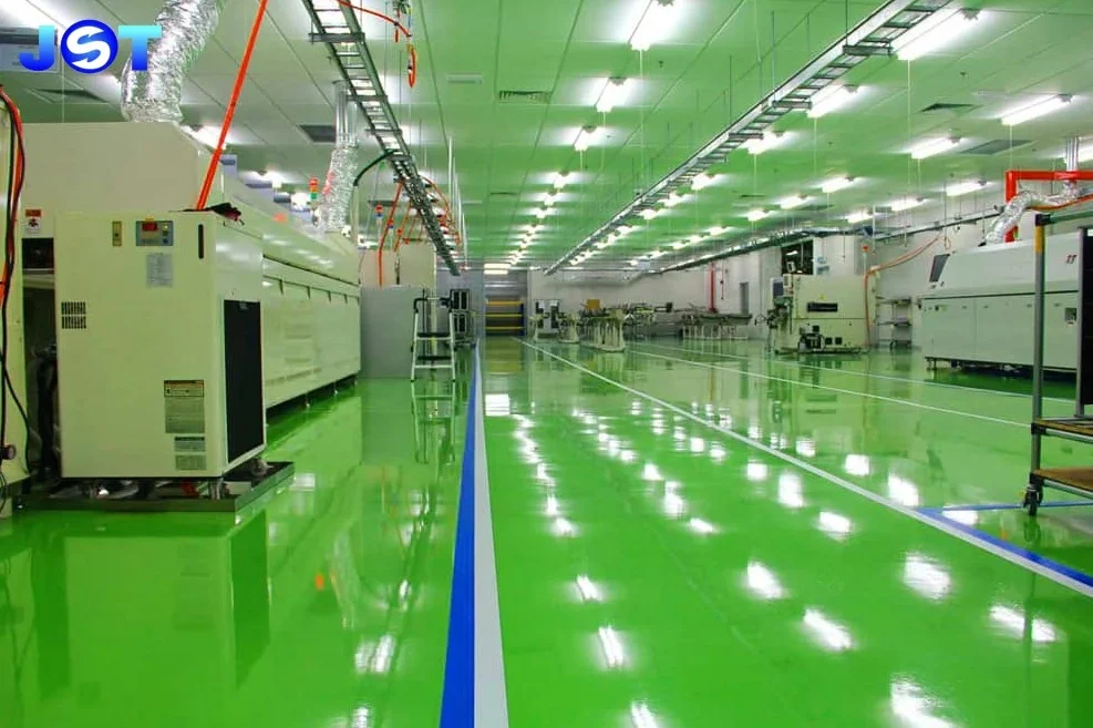 Tim aplikator melapisi epoxy hijau dengan roller panjang di ruang komersial berdinding putih dan jendela besar.